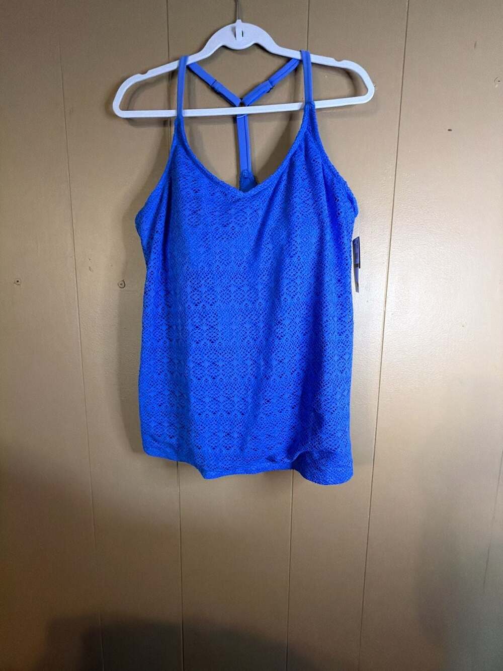 Island Escape Blue Crochet T-Back Underwire Tankini Top Size 14